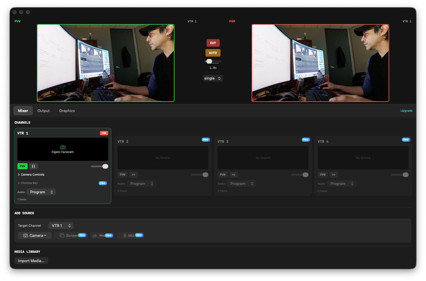Omnicast Studio main mixer showing preview and program monitors