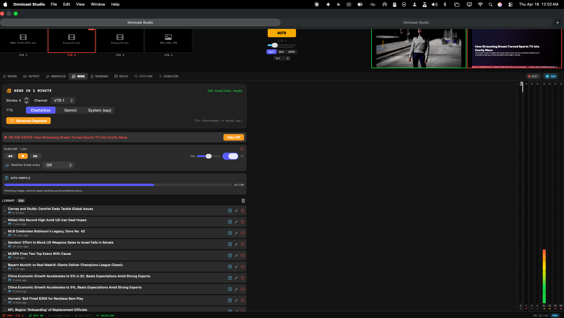 Omnicast Studio newsroom panel with story queue and live rundown items