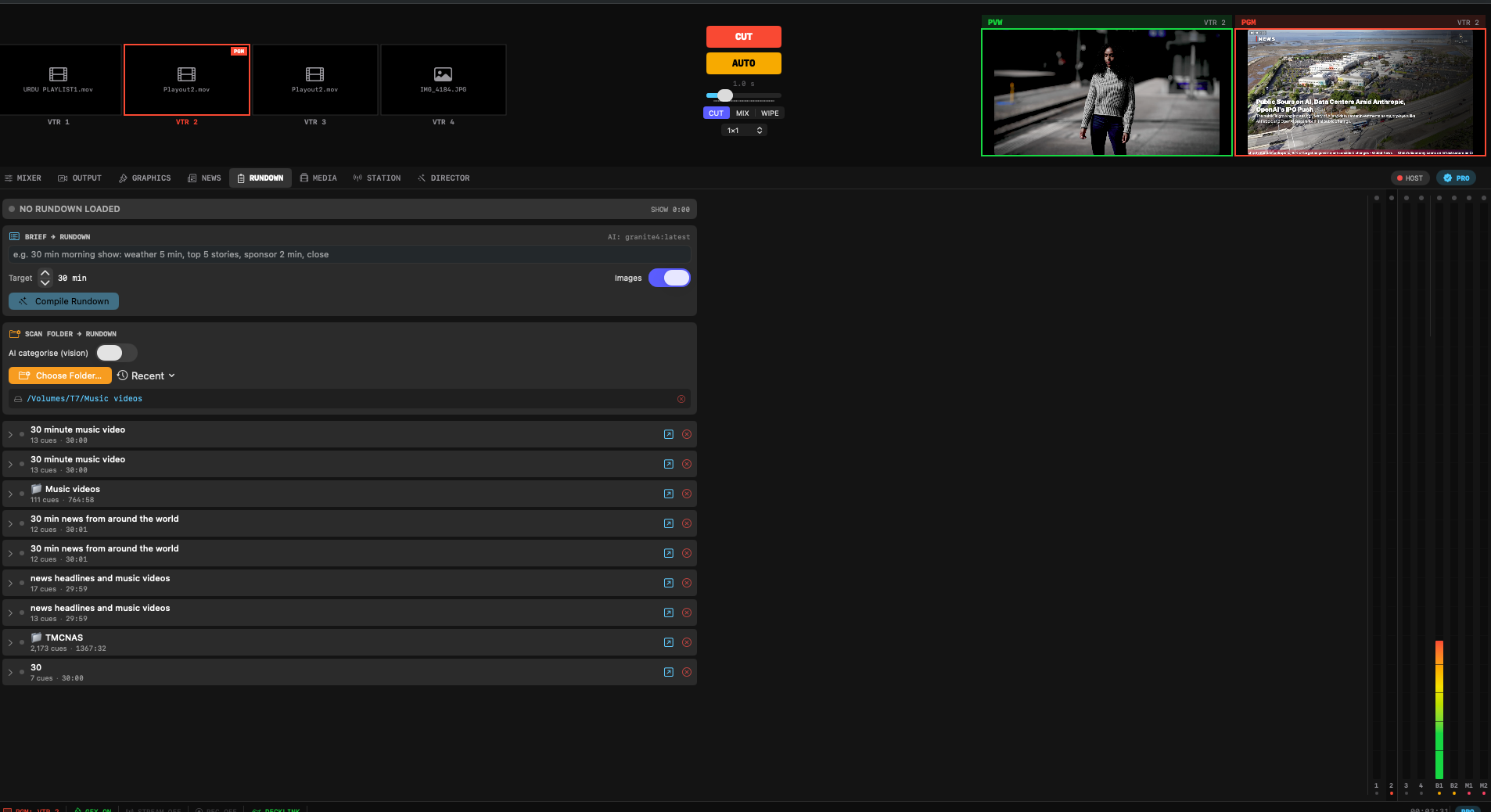 Omnicast Studio rundown view with show sequencing